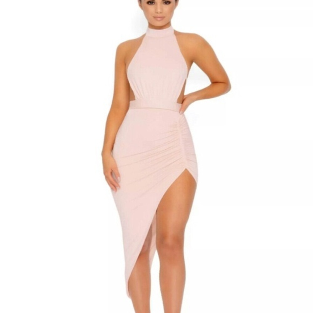 OH POLLY ASYMMETRICAL MIDI HALTER DRESS